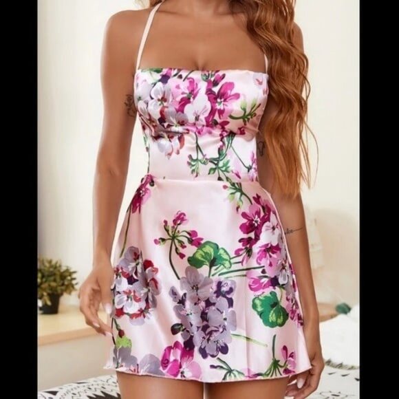 Floral Satin Slip Night Dress Lingerie - Picture 3 of 9